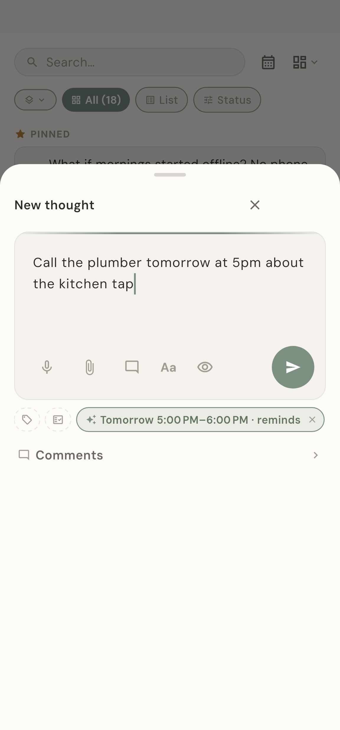 ThoughtFree's capture sheet: a sentence typed in, with tomorrow at five already picked out as a reminder