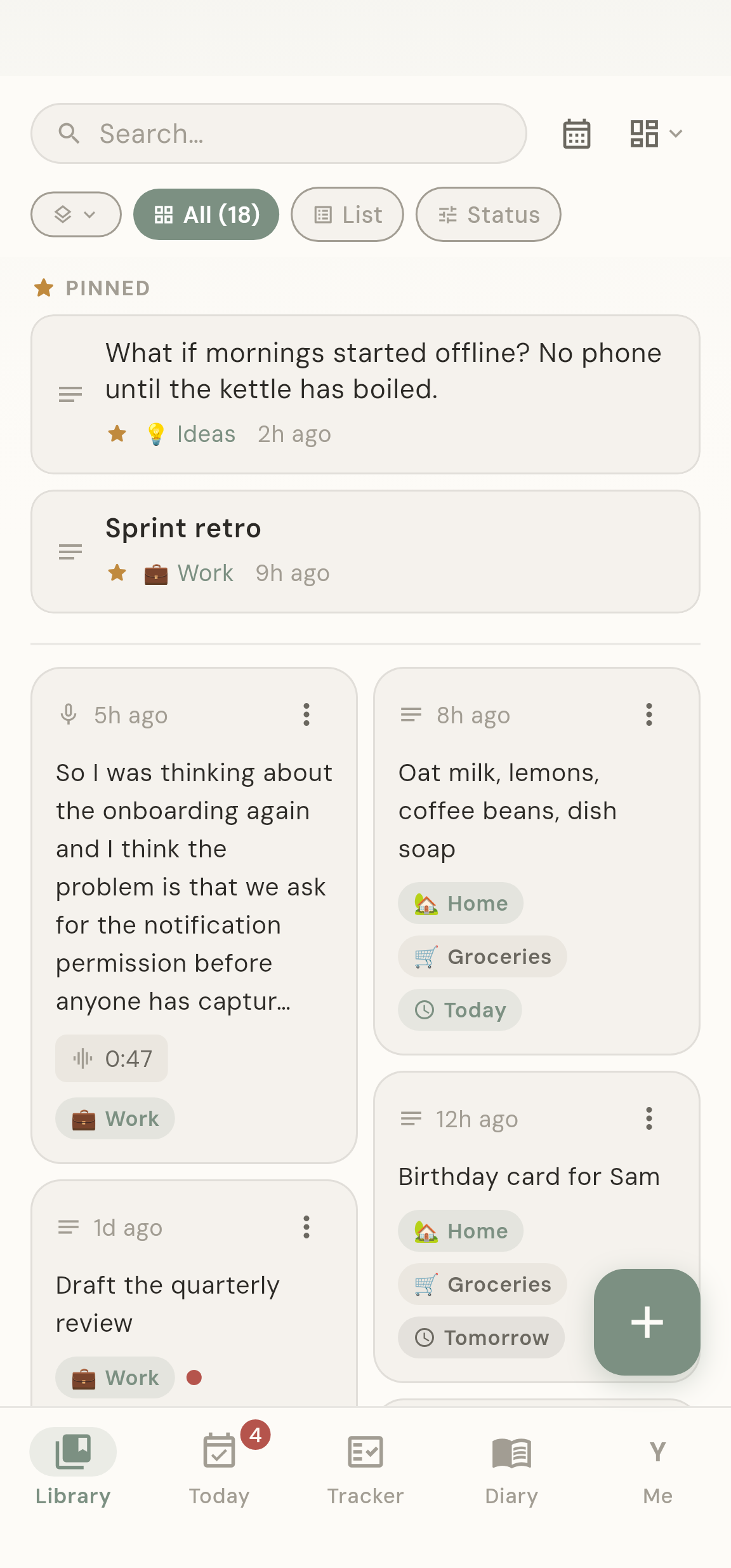 The Library: pinned thoughts at the top, then cards with categories and dates