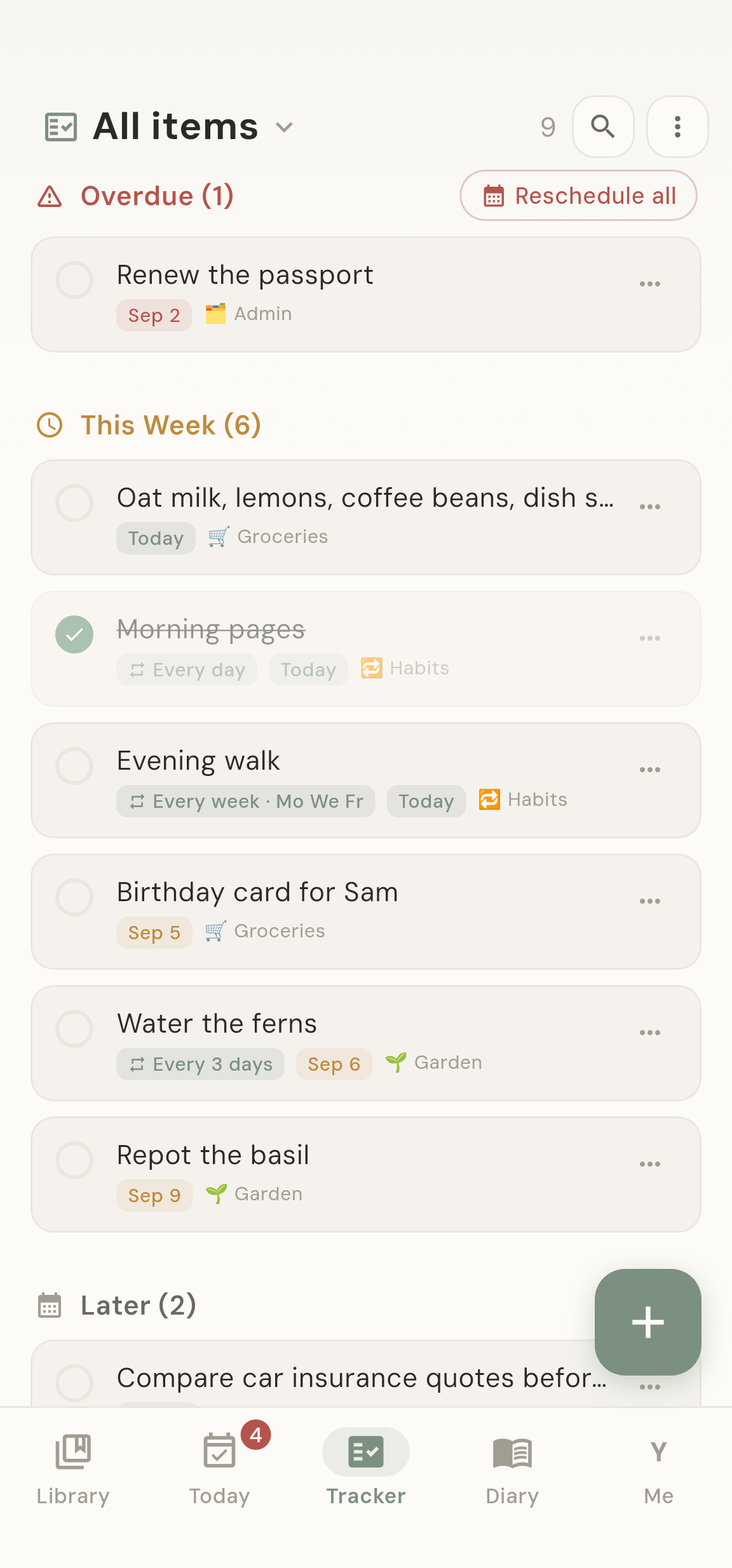 The Tracker: items grouped into overdue, this week and later, each with its repeat rule
